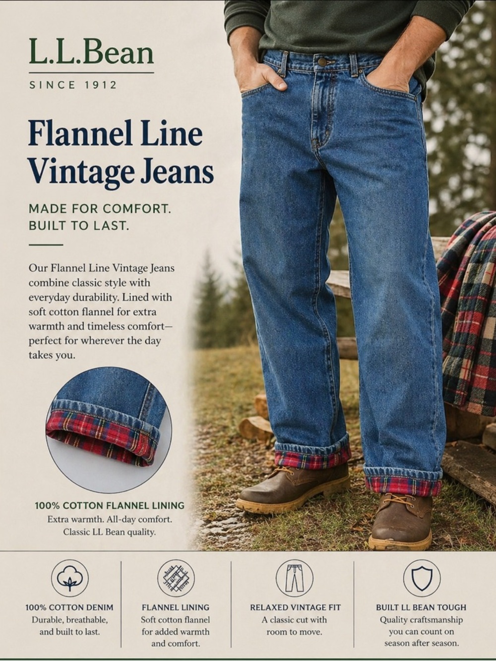 LL bean flannel‎ lined jeans 36x32